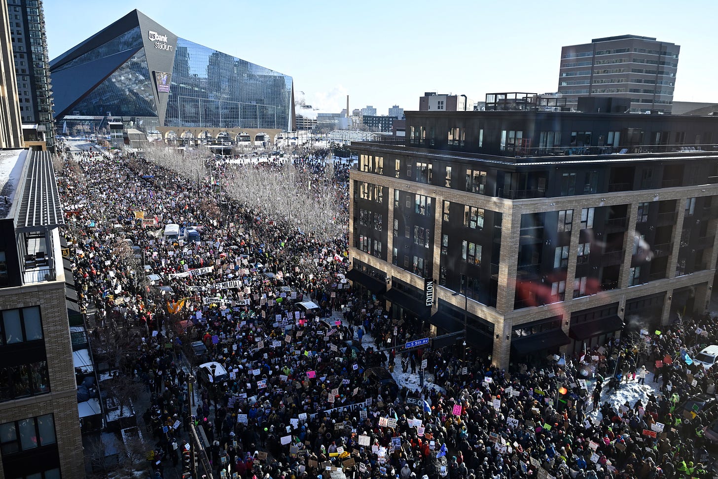 MINNEAPOLIS, MINNESOTA - JANUARY 23: Demonstrators participate in a rally and march during an "ICE Out” day of protest on January 23, 2026 in Minneapolis, Minnesota. Community leaders, faith leaders and labor unions have urged Minnesotans to participate in what they are calling a "day of action" as hundreds of local businesses are expected to close during a statewide general strike held in protest against immigration enforcement operations in the region. (Photo by Stephen Maturen/Getty Images)