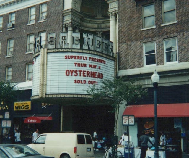A theater marquee with the text "Superfly Presents: Oysterhead. May 4. Sold Out. A theater marquee with the text "Superfly Presents: Oysterhead. May 4. Sold Out.