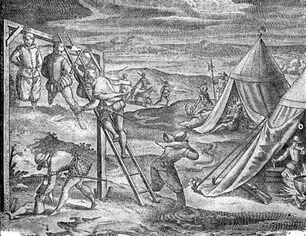 Cannibalism episodes in the conquest of the Inca empire by Spanish conquistador Francisco Pizarro in XVI century: hungry desperate Spanish soldiers eat human flesh