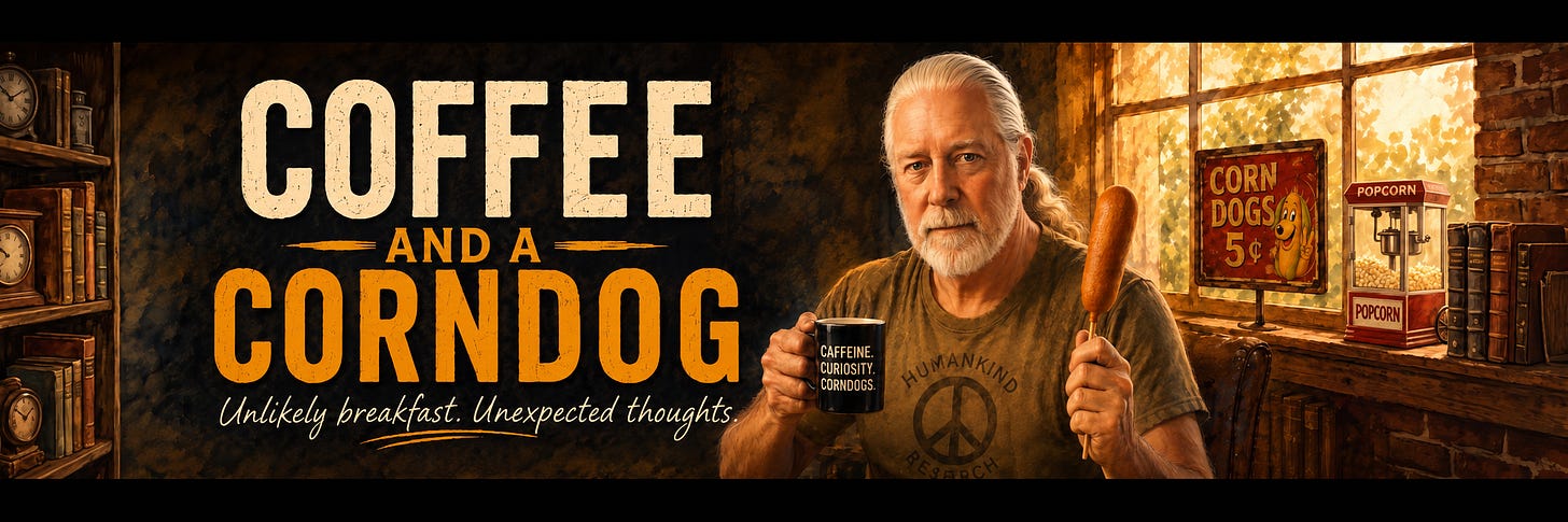 Painterly banner reading “Coffee and a Corndog — Unlikely breakfast. Unexpected thoughts.” Rick Horowitz holds a coffee mug and corndog in a warmly lit room with books, antique clocks, a vintage corn-dog sign, and a popcorn machine. Painterly banner reading “Coffee and a Corndog — Unlikely breakfast. Unexpected thoughts.” Rick Horowitz holds a coffee mug and corndog in a warmly lit room with books, antique clocks, a vintage corn-dog sign, and a popcorn machine.