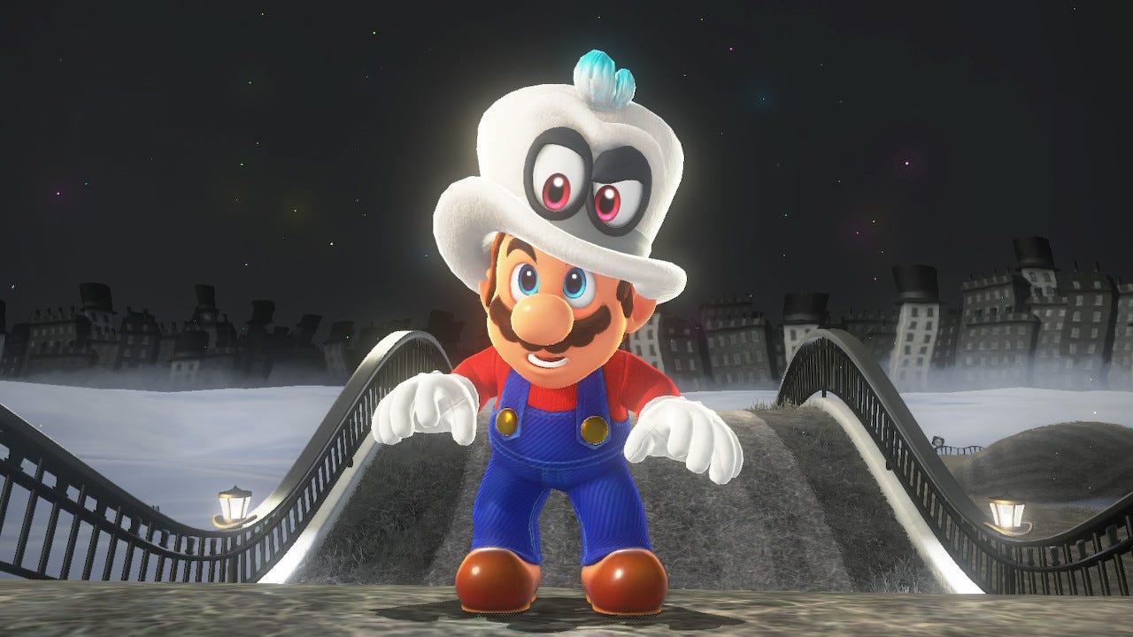 Mario stands a bit confusedly as Cappy lands on his head in his natural form, a white top hat.