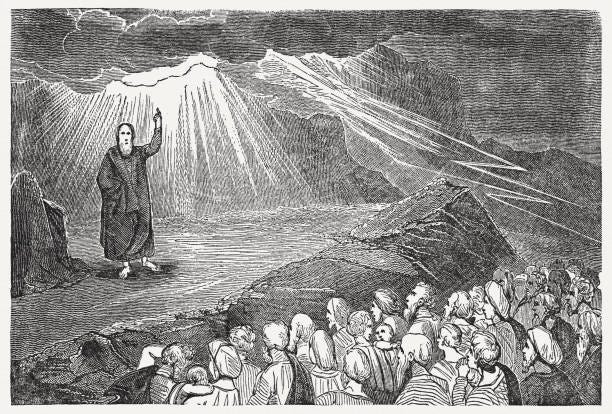 The Covenant at Mount Sinai (Exodus 19-24), woodcut, published 1835 Israel hears the Ten Commandments of God down at Mount Sinai (Exodus 19 - 24). Wood engraving, published in 1835. moses stock illustrations