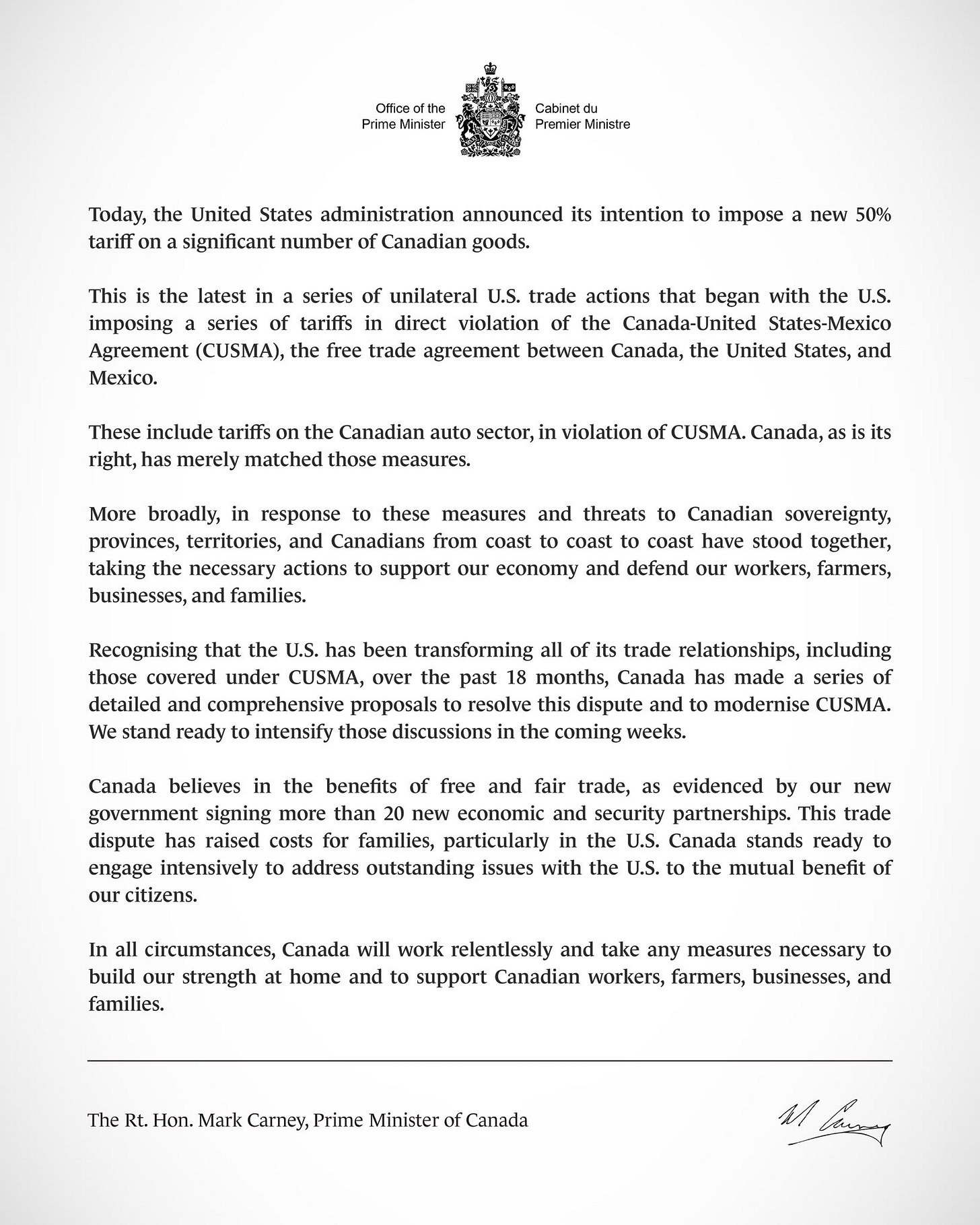 My statement on the United States administration’s intention to impose new tariffs on Canadian goods.