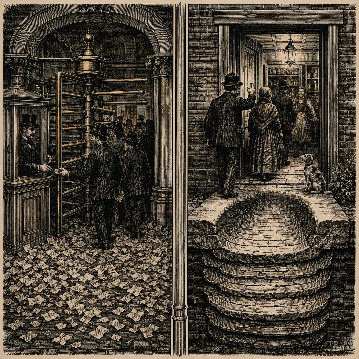 Wood-engraving editorial illustration in the Thomas Nast Harper's Weekly style for Attention Capital's essay The Default Nobody Declared, visualizing the essay's core distinction between the visit and the habit. One panel shows a brass turnstile ankle-deep in spent ticket stubs, each entry paid for and extinguished; the other shows a modest shop door whose stone threshold is worn hollow by the same customers returning along a polished path. The image argues that rented visits die at delivery while documented habit compounds, the only form of attention that behaves like an asset. Keywords: durable attention, audience habit, owned versus rented attention, behavioral cash flow, attention as collateral.
