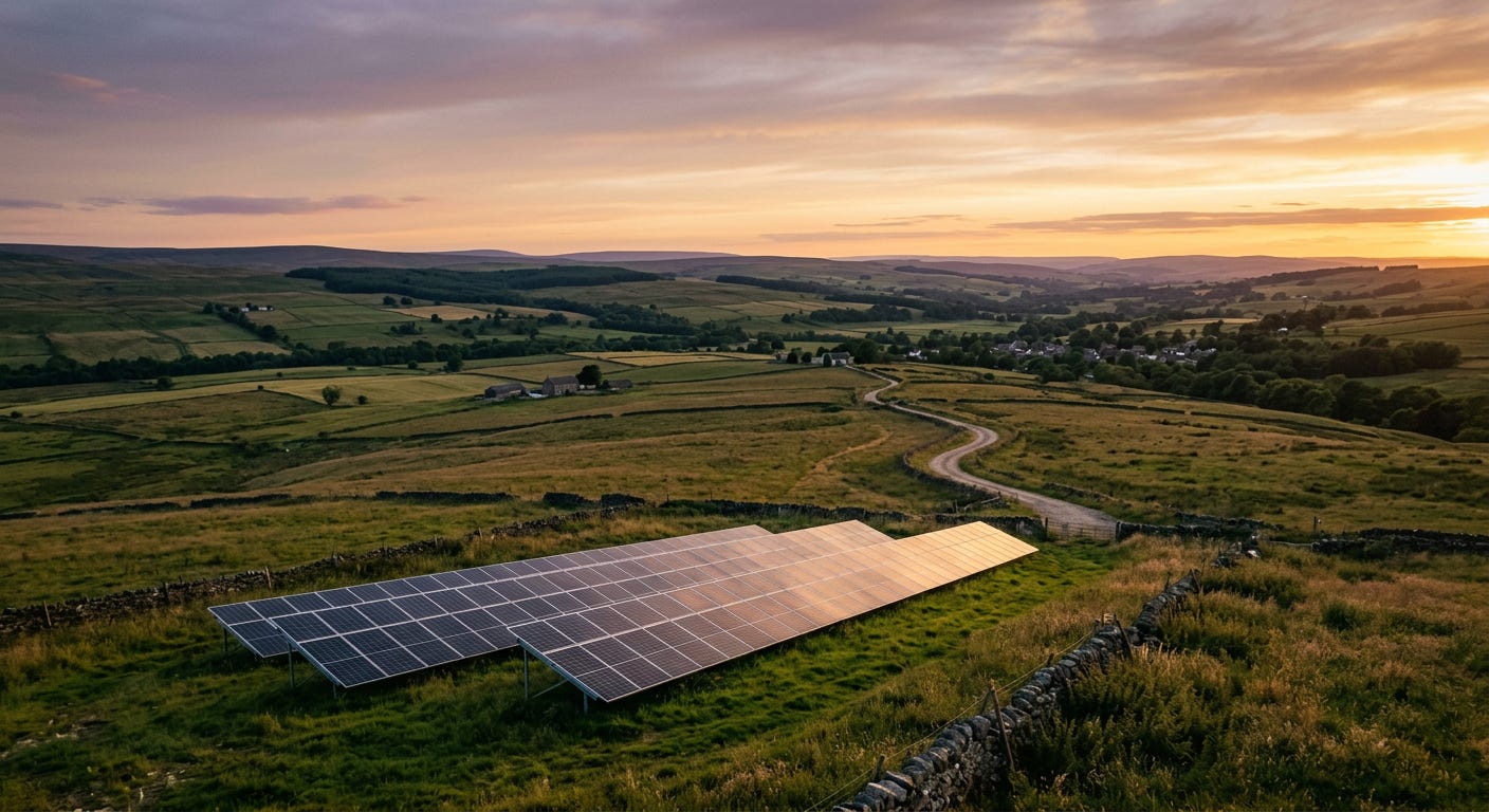 A row of solar panels in a grassy field at sunset overlooking rolling rural hills and a dirt road under a clear twilight sky. A row of solar panels in a grassy field at sunset overlooking rolling rural hills and a dirt road under a clear twilight sky.