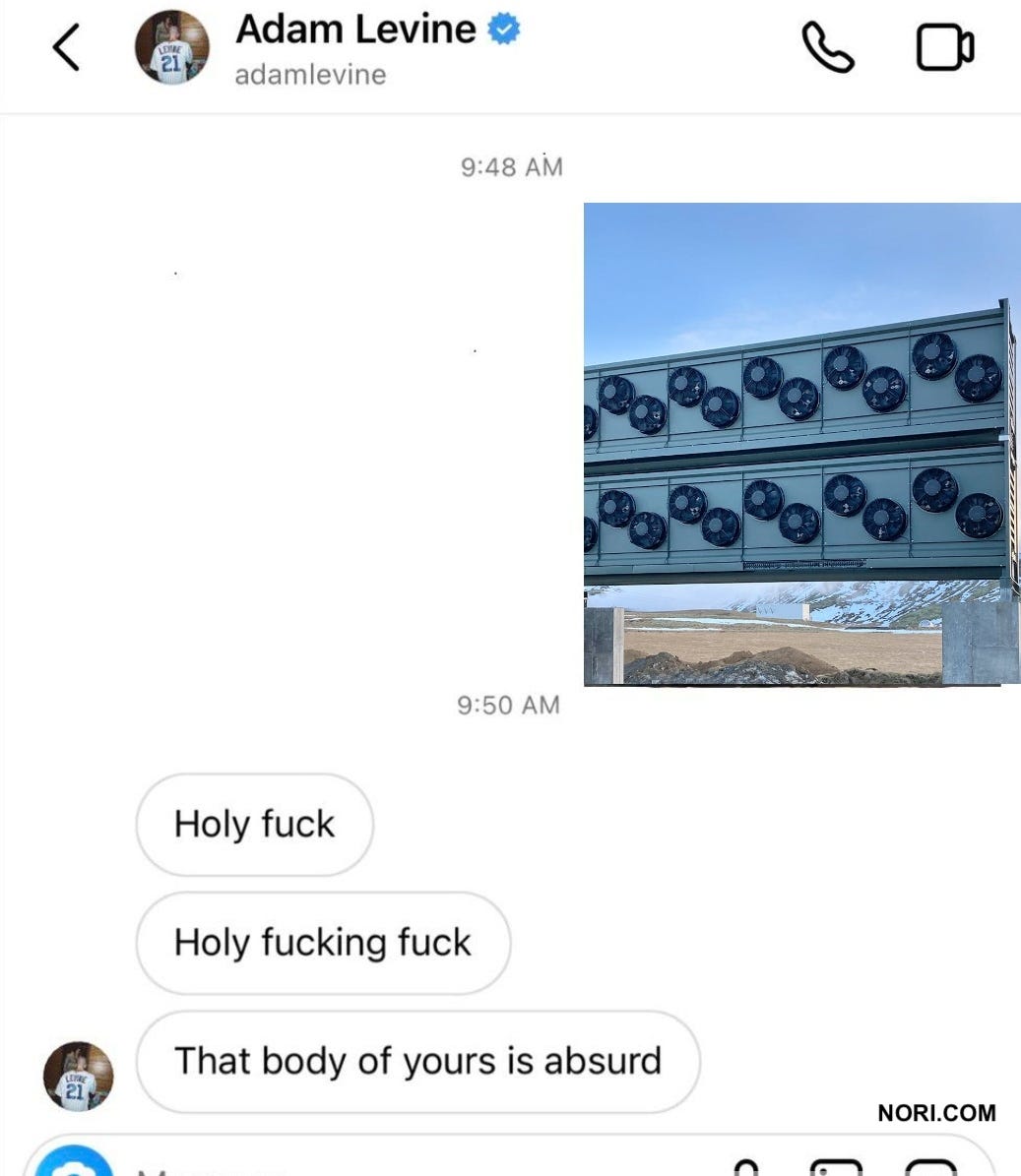 Parody of a direct message screenshot from October 2022. A photo of a direct air capture unit with fans, followed by replies: "Holy fuck", "Holy fucking fuck", "That body of yours is absurd".