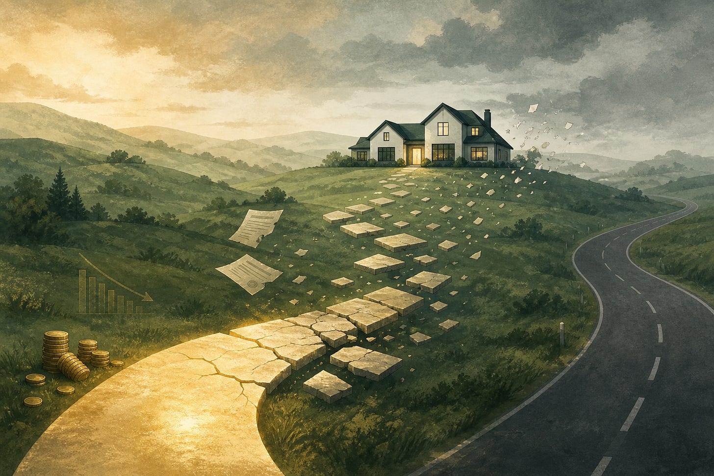 Conceptual illustration of a real estate deal falling apart between the offer and the closing. A modern white house with lit windows sits on a hilltop under a darkening, cloudy sky. A once-solid stone path leading up to the house begins as a smooth golden walkway in the foreground but progressively cracks, breaks, and disintegrates into scattered, disconnected stepping stones as it approaches the home. Loose contract papers and documents blow away in the wind across the broken path. To the left, a small downward-sloping bar chart and a few stacks of gold coins sit beside the path, suggesting financial loss and declining deal momentum. A paved road runs along the right side of the image, continuing past the house — symbolizing the deal that drives by rather than arriving. The image captures how real estate transactions deteriorate when risks aren't identified early or managed properly between the accepted offer and the closing date.
