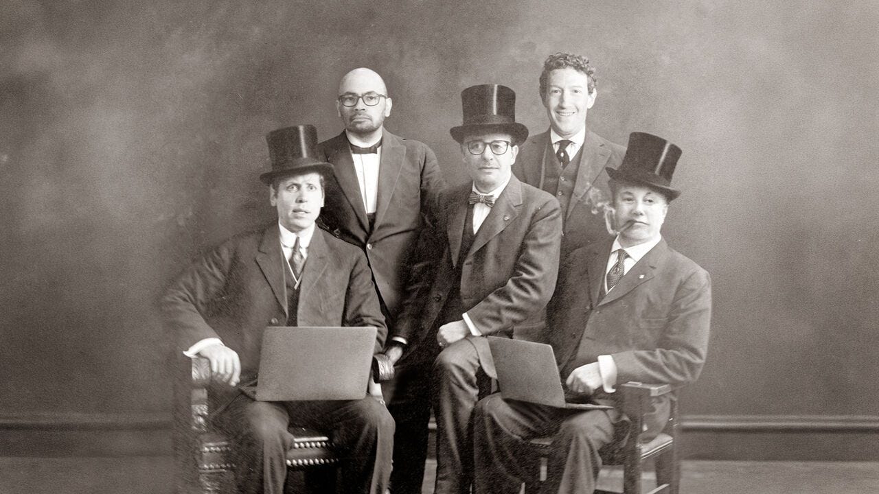 An illustration of tech bros mocked up to look like they are posing for a turn-of-the-century photo in Robber Baron garb