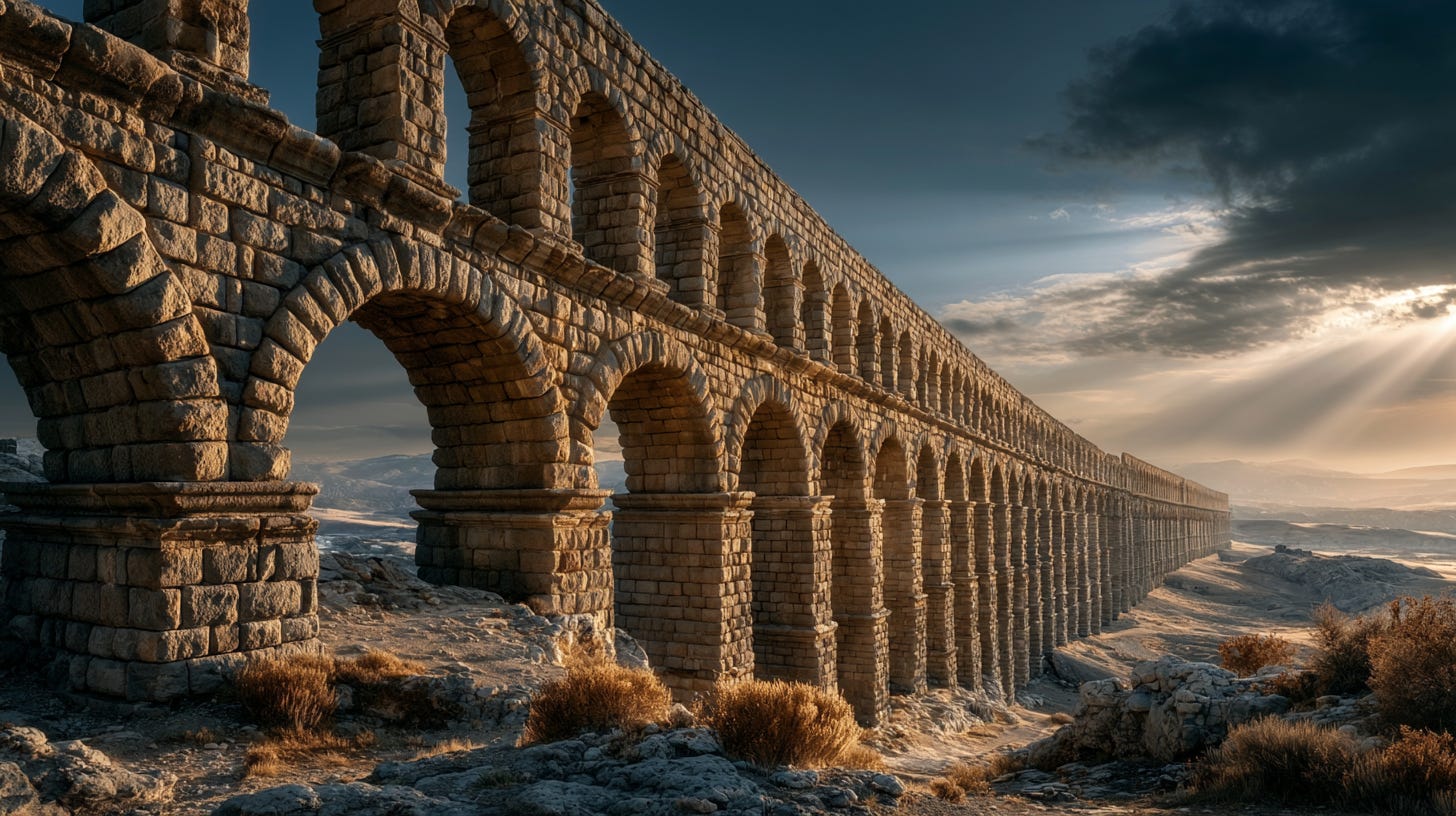 A weathered stone aqueduct stretching across a vast landscape A weathered stone aqueduct stretching across a vast landscape