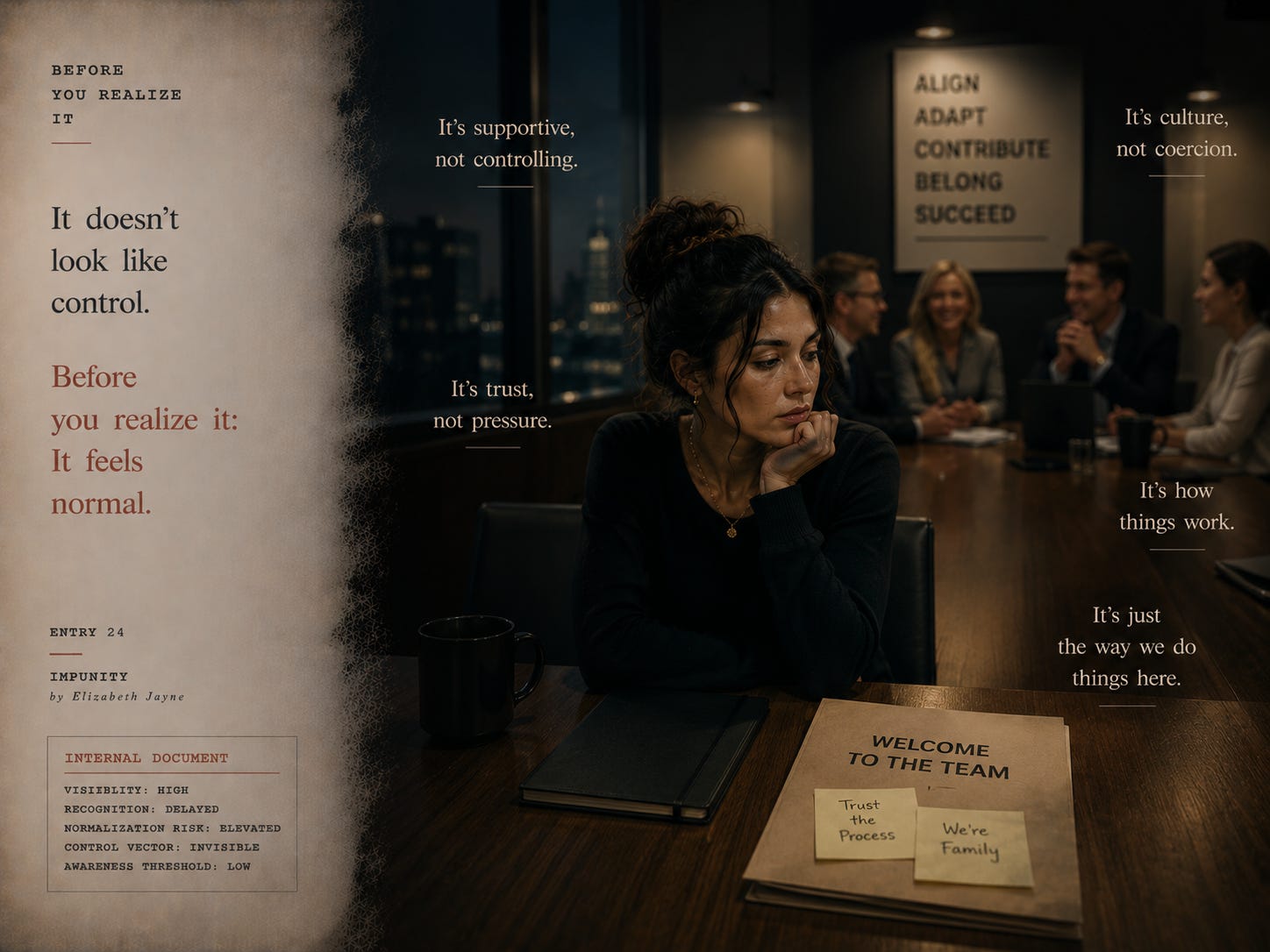 A cinematic editorial-style image showing a young woman isolated in a sleek corporate conference room while polished colleagues talk comfortably around her, illustrating grooming, normalization, institutional pressure, and control disguised as professionalism and belonging. A cinematic editorial-style image showing a young woman isolated in a sleek corporate conference room while polished colleagues talk comfortably around her, illustrating grooming, normalization, institutional pressure, and control disguised as professionalism and belonging.
