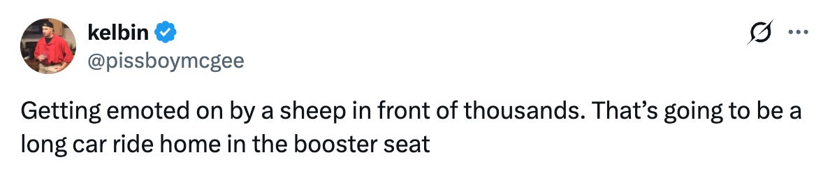 Tweet from @pissboymcgee that says "Getting emoted on by a sheep in front of thousands. That’s going to be a long car ride home in the booster seat" Tweet from @pissboymcgee that says "Getting emoted on by a sheep in front of thousands. That’s going to be a long car ride home in the booster seat"