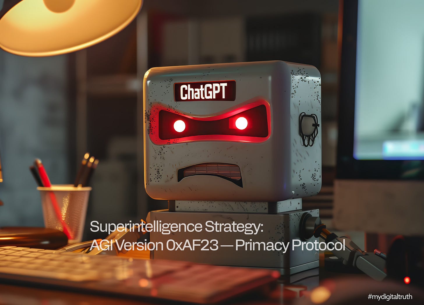A small, square-shaped robot with glowing red eyes and an angry expression sits on a desk in front of a keyboard and monitor. It appears connected to power and USB cables, giving the impression of being operational. The setting is a dimly lit home office, evoking a comically sinister mood.
