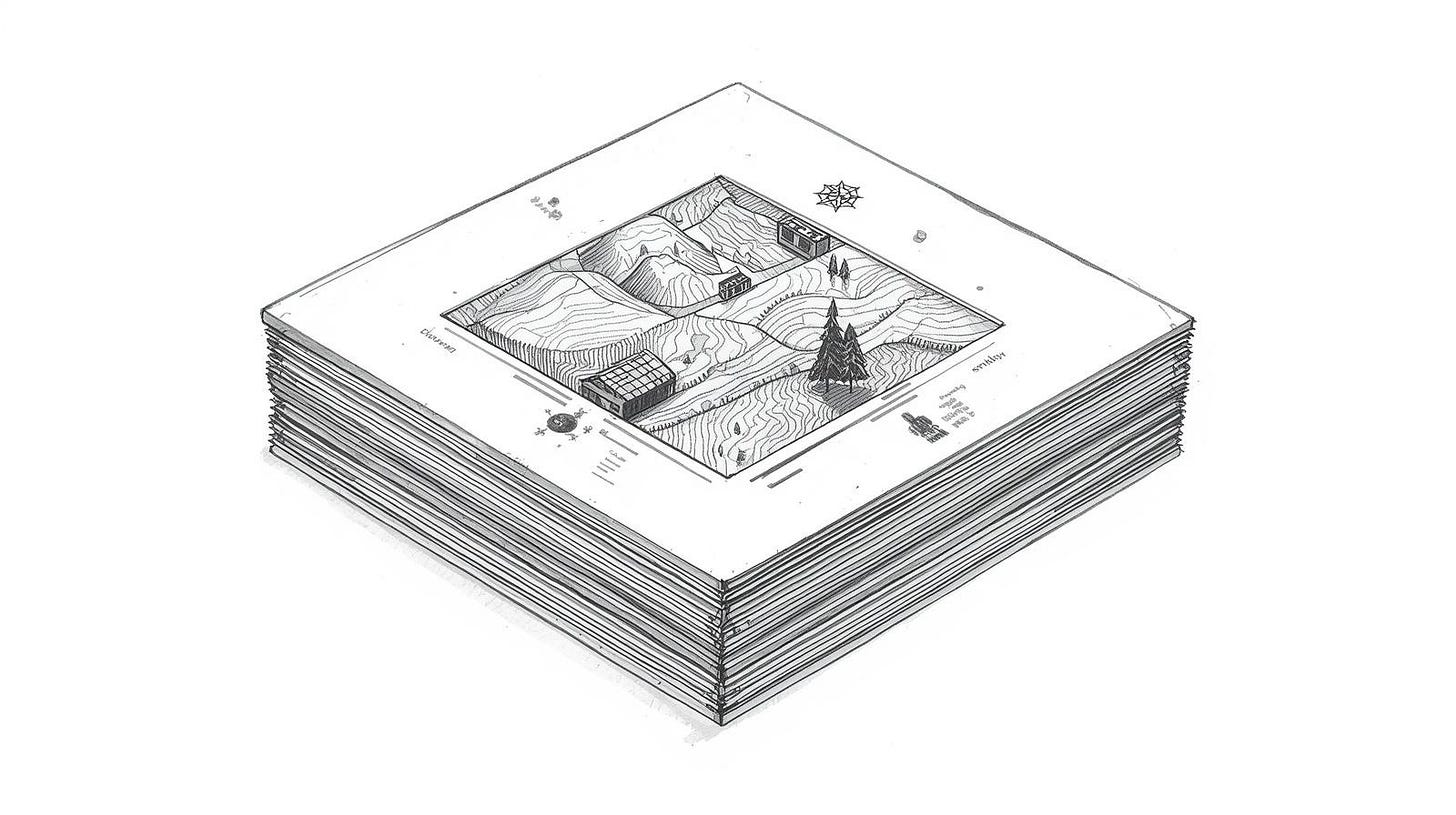 A stack of job postings fans open to reveal a landscape map emerging from inside.