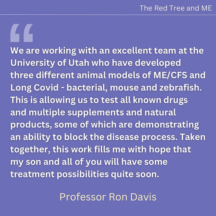 I think of you all every day as I work to untangle the complex molecular basis of this horrific disease. We have made a lot of progress lately, and many scientists around the world are taking the data and making much more informed hypotheses about the causes and potential paths to treatments. I am very optimistic that soon the major mechanisms that initiate the disease will be found. This will allow a concerted effort to reverse the process and find a cure. Right now we have multiple projects making progress. Projects on the itaconate shunt, Manganese, BH4, neutrophils, red blood cell deformability, genetics, pathogen hunting, and oxidative damage. We constantly communicate and collaborate with the best researchers around the world. We are working with an excellent team at the University of Utah who have developed three different animal models of ME/CFS and Long Covid - bacterial, mouse and zebrafish. This is allowing us to test all known drugs and multiple supplements and natural products, some of which are demonstrating an ability to block the disease process. Taken together, this work fills me with hope that my son and all of you will have some treatment possibilities quite soon. Please hang in there. We are with you every day and I send you all my love and solidarity.