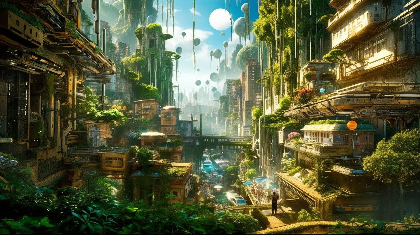 The content is a sprawling cityscape, with buildings covered in greenery and powered by renewable energy sources like wind turbines and solar panels. The medium is digital photography, with a style reminiscent of the works of Hayao Miyazaki, particularly his film "Nausicaä of the Valley of the Wind". The lighting is soft and warm, with the first rays of the sun casting long shadows and bathing the city in a golden glow. The colours are vibrant and saturated, with a palette dominated by greens and blues, contrasted with the warm oranges and yellows of the sunrise. The composition is a wide-angle shot taken with a Canon EOS 5D Mark IV DSLR camera, using an EF 24-70mm f/2.8L II USM lens. The resolution is 30.4 megapixels, with an ISO sensitivity of 100, a shutter speed of 1/125 second, and an aperture of f/8. The shot is taken from a high vantage point, looking down on the city with the rising sun in the background. --ar 16:9 --style raw --q 2 --s 750 