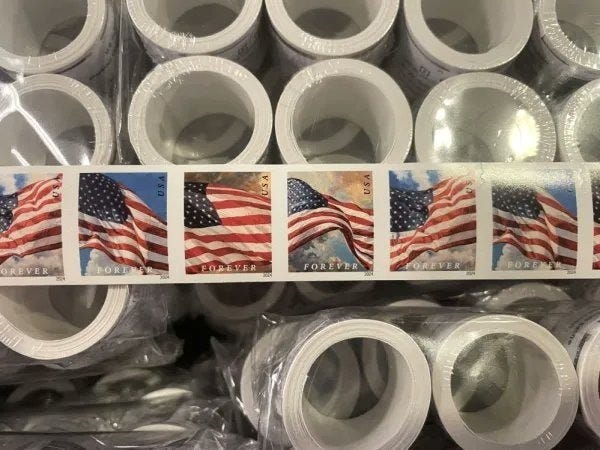 These Chinese-made counterfeit US Postal Service "Forever" stamps were confiscated upon arrival from Hong Kong in February 2025.