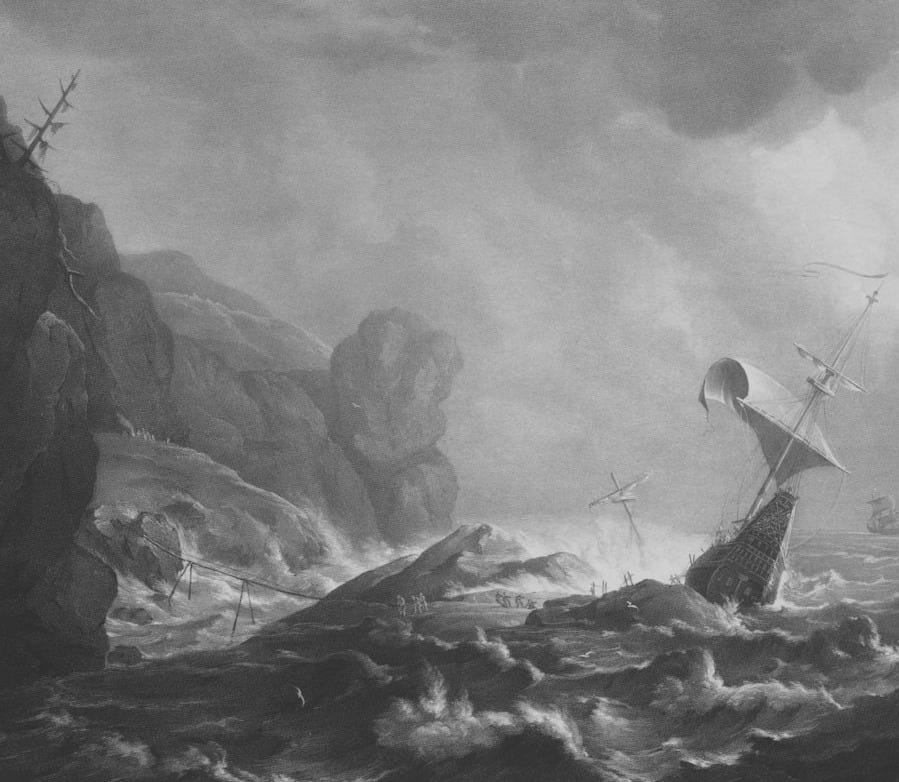 Shipwrecked vessel on a stormy sea near rocky shore. Shipwrecked vessel on a stormy sea near rocky shore.