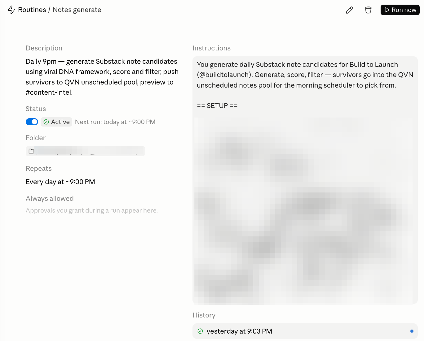 Cowork Scheduled Tasks panel (Local Routines) showing a configured task for Substack notes scheduling — instructions field, MCP connections, and schedule visible