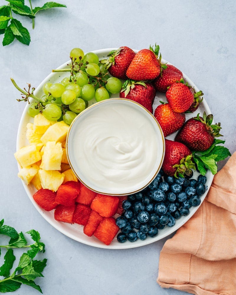 Fruit Dip with fruit on tray Fruit Dip with fruit on tray