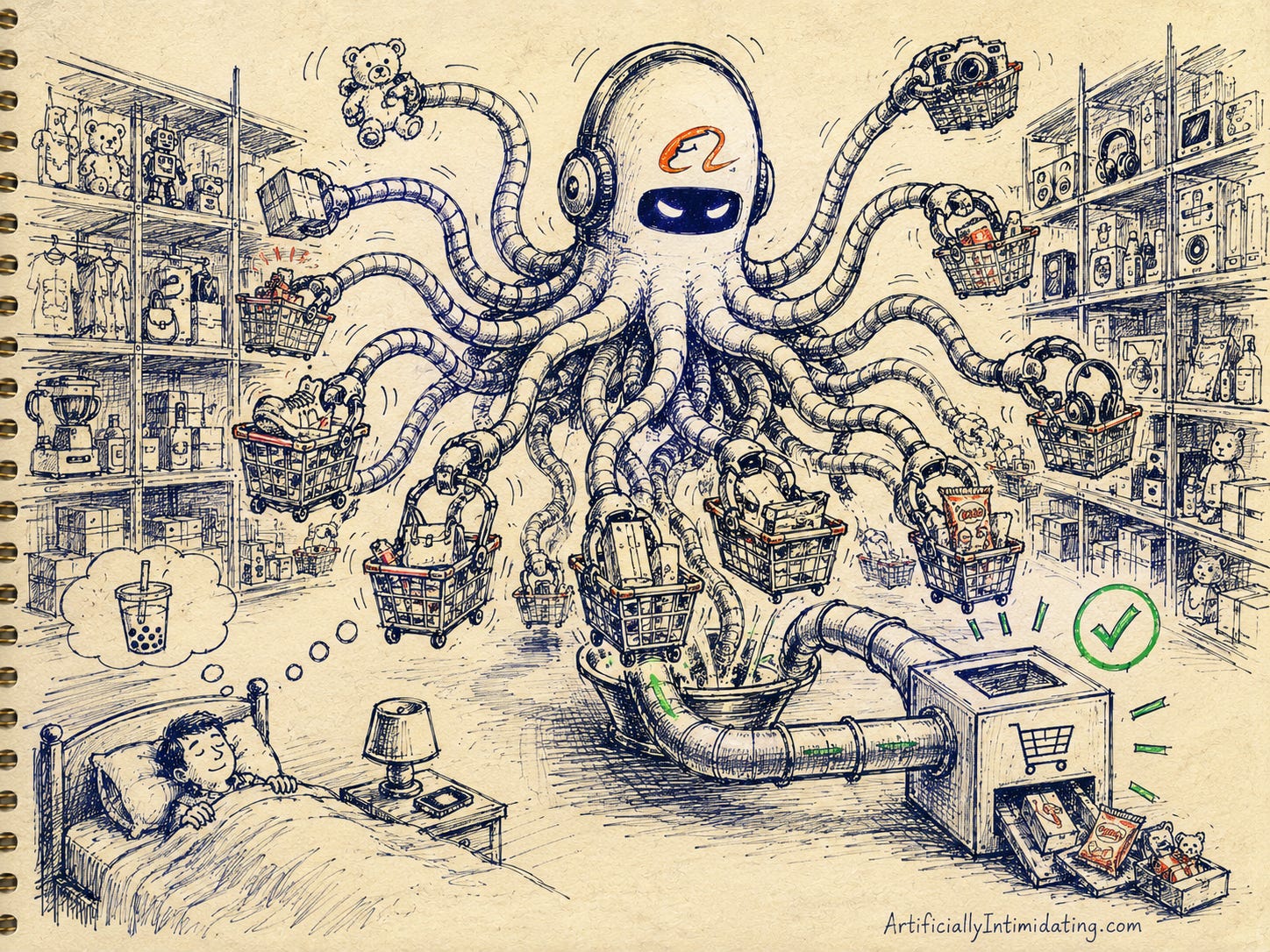 Hand-drawn editorial sketch on notebook paper showing a giant octopus-like AI robot inside a warehouse, using dozens of mechanical arms to grab products from endless shelves and funnel shopping carts into automated checkout pipes. A small human sleeps peacefully in bed in the corner while dreaming of bubble tea. Sparse green and red pen accents highlight motion and automation.