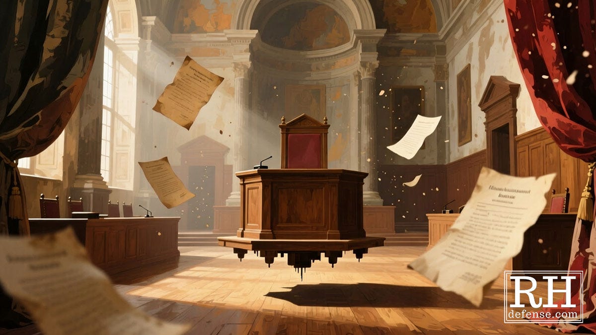 An empty courtroom with the judge’s bench floating above the floor while loose papers drift in the air.