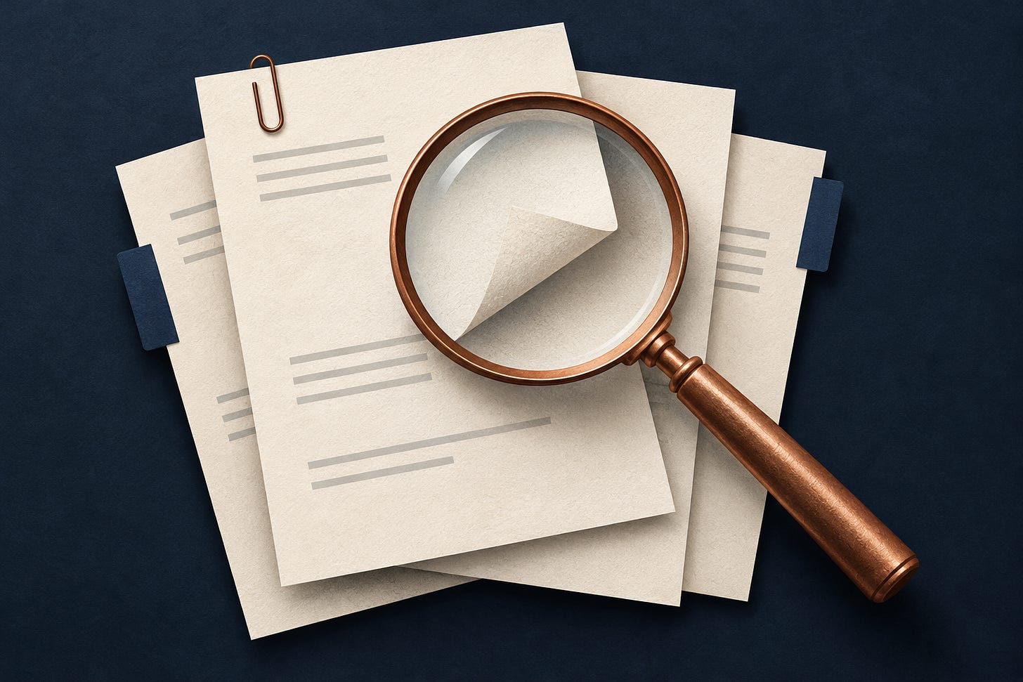 Editorial illustration of a copper magnifying glass over layered paper documents. Editorial illustration of a copper magnifying glass over layered paper documents.