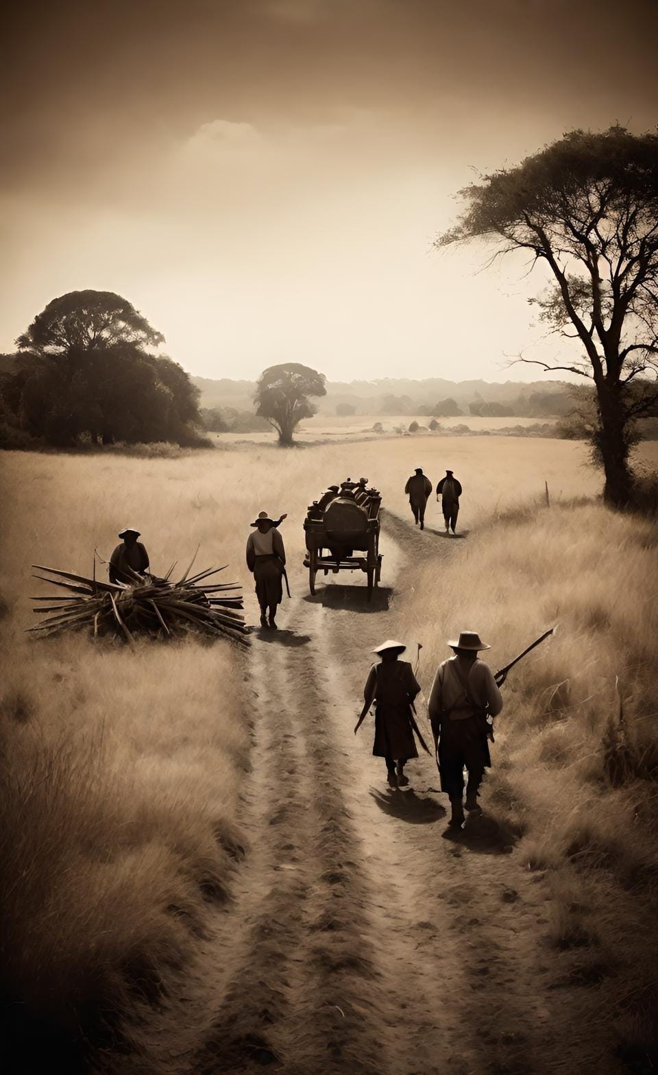 Sepia-toned  illustration of a a small group of people with a horse-drawn wagon walking along a trail that leads across a savannah. Created by Frank Moone, using Dream.AI