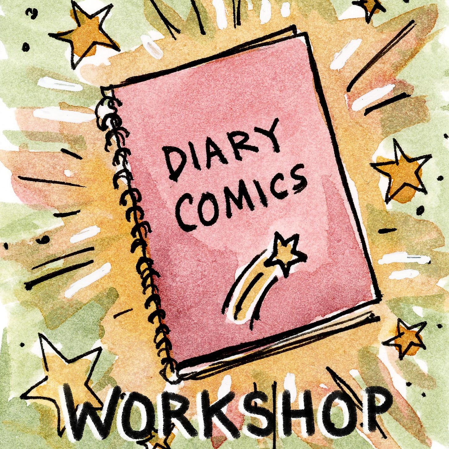 K. Woodman-Maynard watercolor promotional graphic promoting the upcoming Diary comics Workshop. K. Woodman-Maynard watercolor promotional graphic promoting the upcoming Diary comics Workshop.