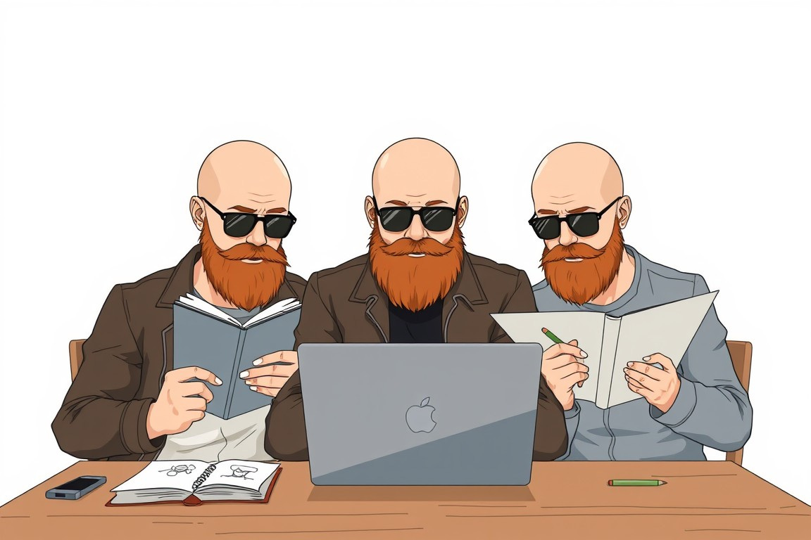 Draw in an anime style: three identical men sitting at a table. The first man is reading a book. The second man is typing on a laptop. The third man is drawing in a sketchbook. The men are all completely bald, with red beards, and they wear aviator sunglasses. Draw in an anime style: three identical men sitting at a table. The first man is reading a book. The second man is typing on a laptop. The third man is drawing in a sketchbook. The men are all completely bald, with red beards, and they wear aviator sunglasses.