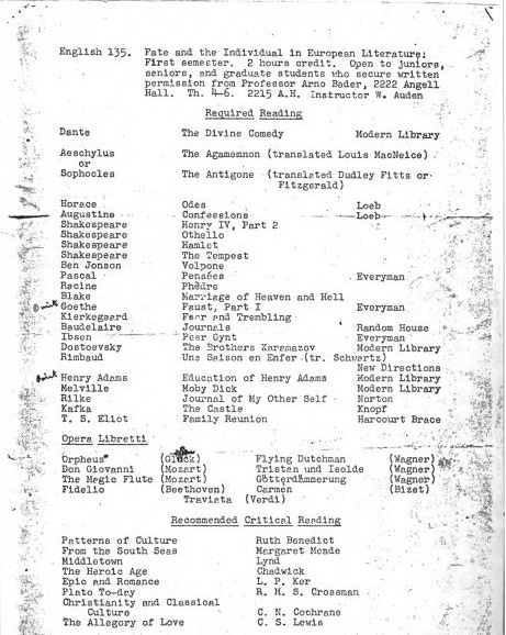 W. H. Auden's Undergraduate Syllabus: 6,000 Pages of Reading