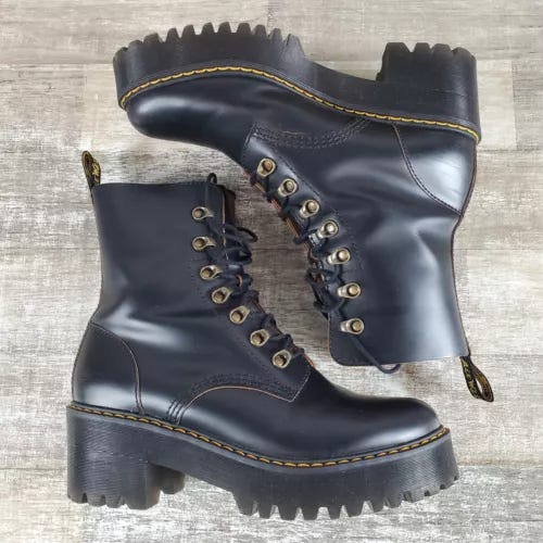Dr. Martens Leona Womens Combat Boots Sz 9 Black Leather Platform Chunky Heel - Picture 1 of 13