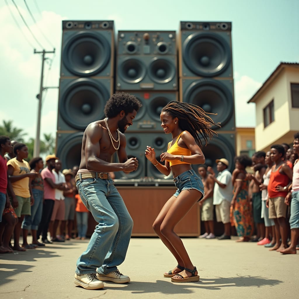 1990s Jamaican street scene with Yardie vibes: a lively crowd dances to reggae, a man in the center and a woman in short ‘batty rider’ shorts wining on the ground. A powerful sound system with four speaker stacks blasts dub beats, while a DJ crew spins vinyl at the turntables. The energy is electric, capturing the essence of a Jamaican dancehall block party.