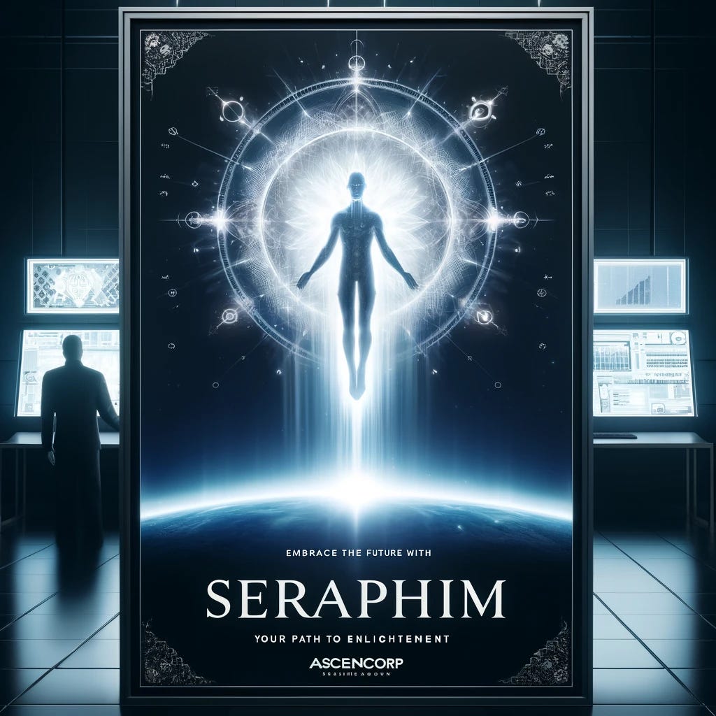 A futuristic, sleek promotional poster from AscendCorp showcasing their AI system, Seraphim. The image features a serene, glowing figure ascending into a bright, heavenly light, surrounded by digital patterns and celestial motifs. In the background, shadowy figures in suits manipulate control panels, hinting at a sinister undertone. The poster has a clean, polished look with the tagline 'Embrace the Future with Seraphim: Your Path to Enlightenment' prominently displayed. A futuristic, sleek promotional poster from AscendCorp showcasing their AI system, Seraphim. The image features a serene, glowing figure ascending into a bright, heavenly light, surrounded by digital patterns and celestial motifs. In the background, shadowy figures in suits manipulate control panels, hinting at a sinister undertone. The poster has a clean, polished look with the tagline 'Embrace the Future with Seraphim: Your Path to Enlightenment' prominently displayed.