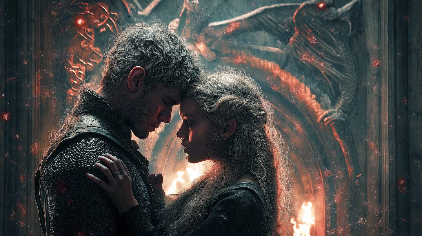 A fantasy couple stands close before a massive stone door carved with a dragon in relief. Sparks drift through the air as firelight glows behind them. The man in dark armor and the woman with long pale-blonde hair rest their foreheads together, caught between tenderness and danger.