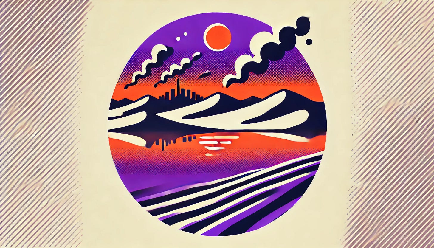 A pop art style illustration depicting a mirage in the desert. The color palette is restricted to bright purple, bright orange, black, and white, with a white background. The design features a vast desert landscape with heat waves creating the illusion of an oasis or a distant city, floating above the sand dunes. The scene is clean and minimal, capturing the surreal and dreamlike nature of a mirage.