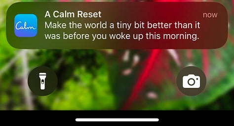 Phone alerts from the Happier and Calm apps, plus a Blue Apron meal