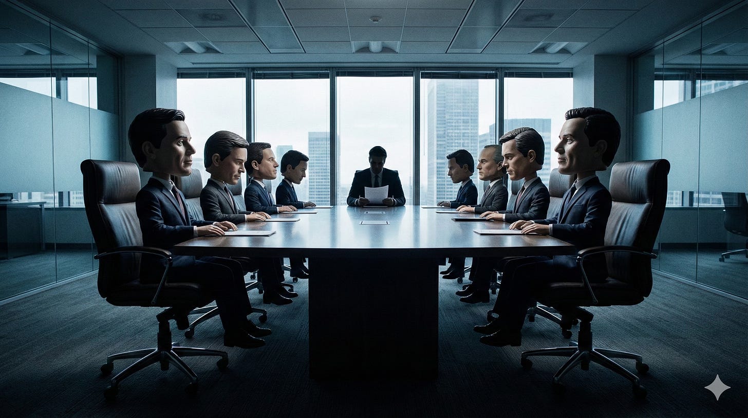 A wide-angle photograph of a modern corporate boardroom table where a solitary human figure sits at the head, looking down. All other seats are occupied by identical, suit-wearing bobblehead dolls with oversized heads staring forward. The room has large windows overlooking a city skyline, and the lighting is cool and subdued.