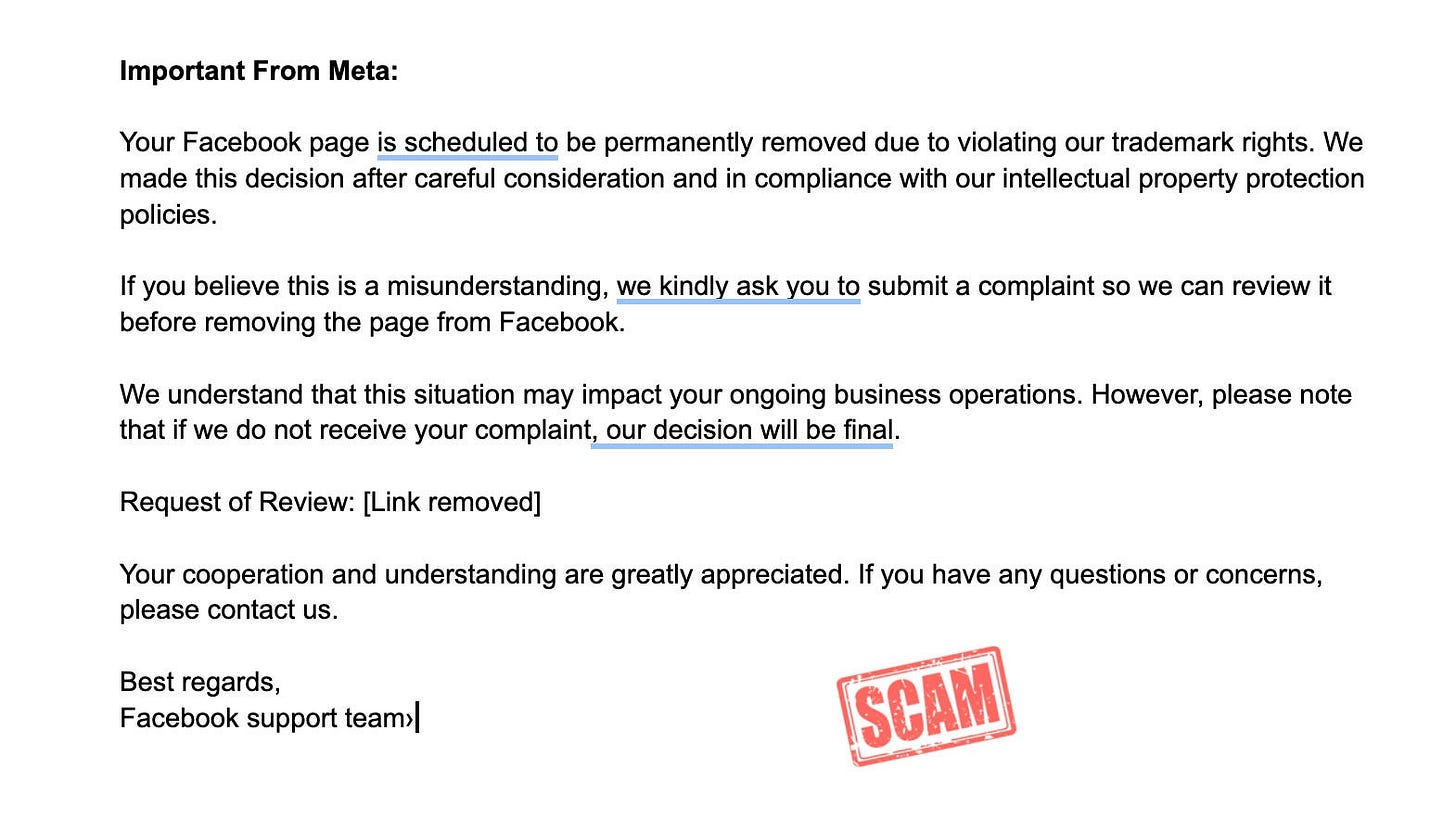 Screenshot of scam message claiming that your Facebook Page will be removed due to violations. 