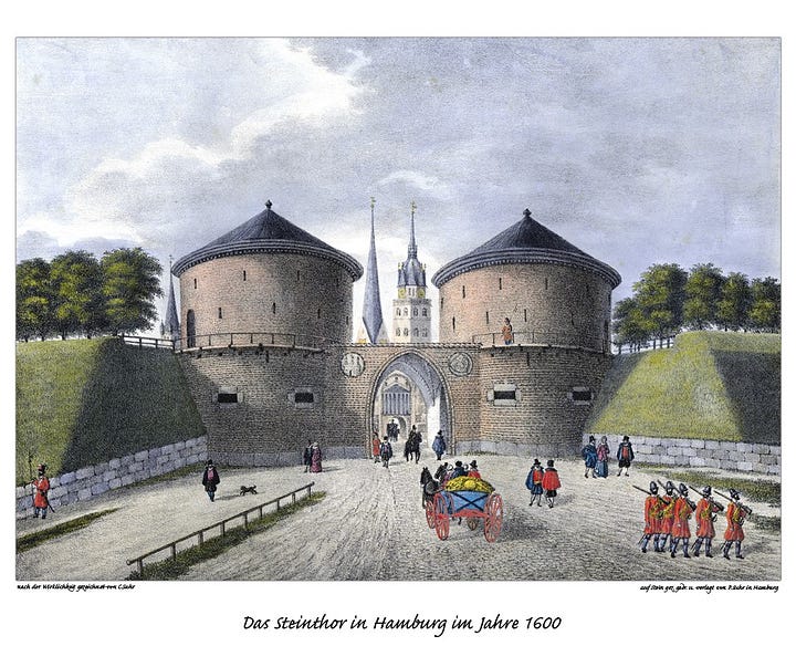 Paintings and drawings of 17th century Hamburg buildings, walls, and market square