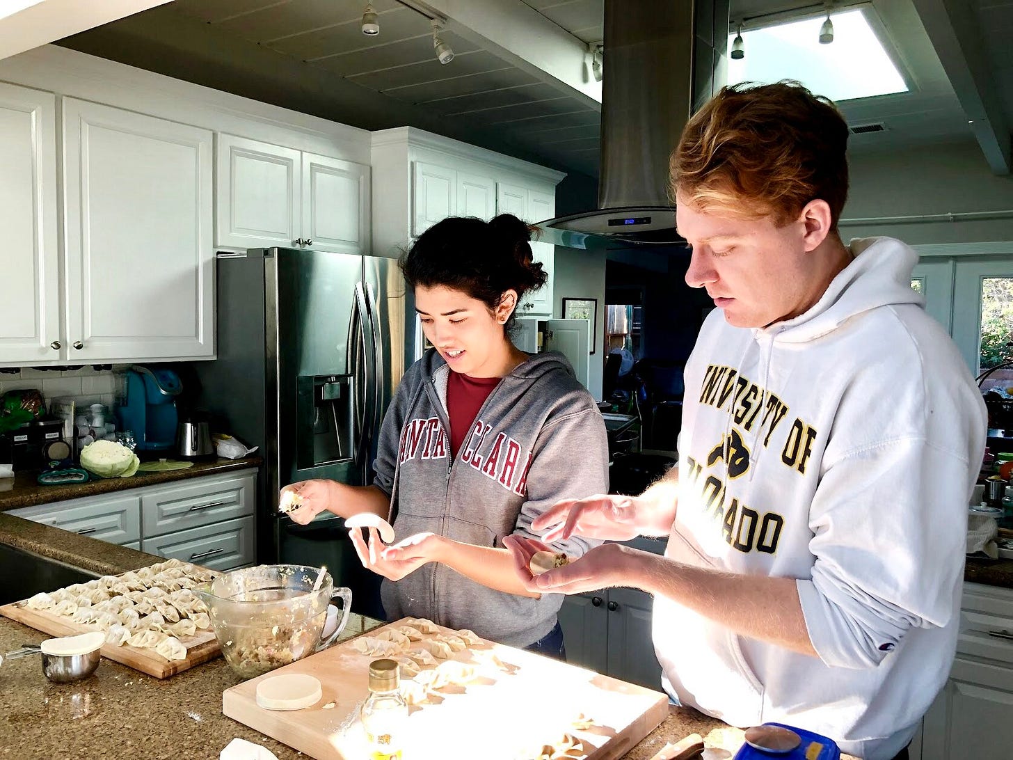 Gina and Henry making gyoza @ our home in Aptos, Dec 2018
