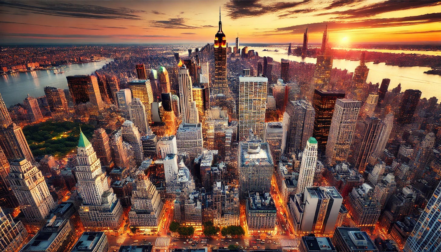A stunning aerial view of Manhattan, New York City, showcasing the iconic skyline with skyscrapers like the Empire State Building, One World Trade Center, and the Chrysler Building. The image captures the city's dense architecture, Central Park in the distance, and the Hudson River reflecting the golden hues of the sunset. The atmosphere is vibrant with city lights beginning to glow as the sun sets, creating a breathtaking urban landscape.