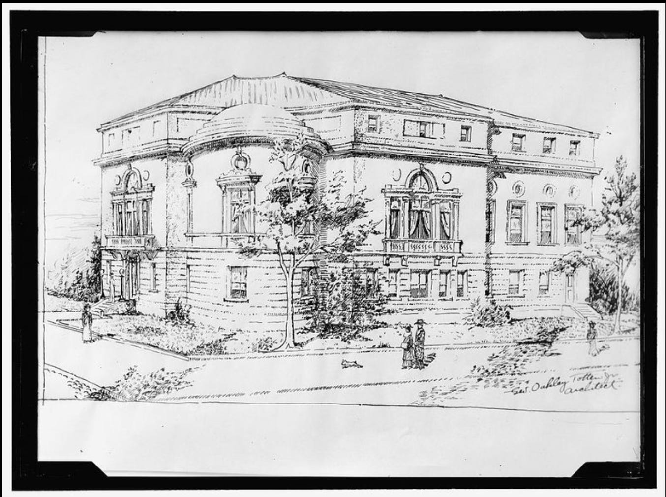 Pencil drawing of a neoclassical building with three stories. Trees surround the building, and pedestrians walk along the sidewalks surrounding the building. Pencil drawing of a neoclassical building with three stories. Trees surround the building, and pedestrians walk along the sidewalks surrounding the building.