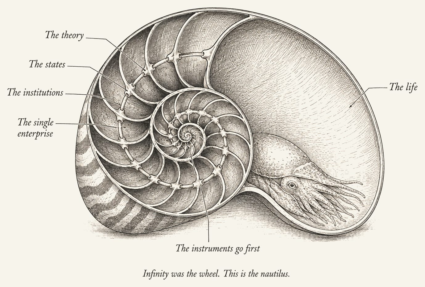 Engraved cross-section of a chambered nautilus. Labels name the chambers from the centre outward: the theory, the states, the institutions, the single enterprise, and the open outer chamber where the animal lives: the life. A label on the thread running through every chamber reads: the instruments go first. Engraved cross-section of a chambered nautilus. Labels name the chambers from the centre outward: the theory, the states, the institutions, the single enterprise, and the open outer chamber where the animal lives: the life. A label on the thread running through every chamber reads: the instruments go first.