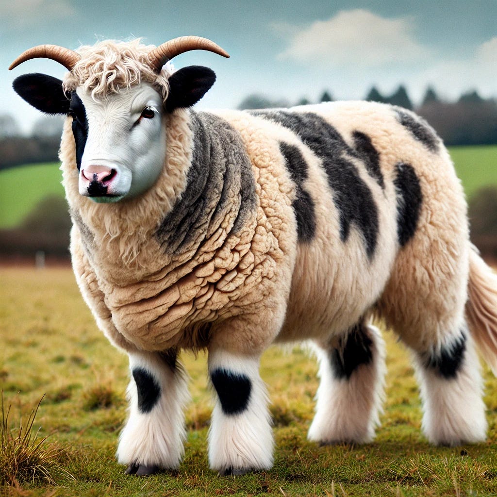 DALL·E 2024-08-24 10.47.22 - A hybrid animal that combines features of both a cow and a sheep. The creature has the body of a sheep with fluffy wool but also displays traits of a cow, including the face and the black-and-white blotches of a Friesian.