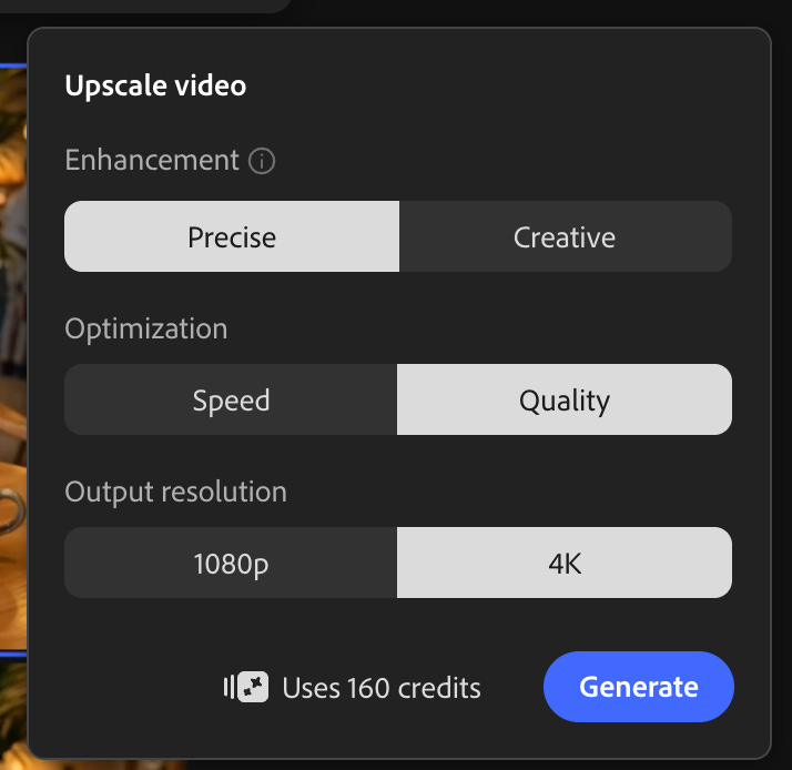 Topaz Astra upscale video panel in Adobe Firefly showing enhancement options set to Precise, optimization set to Quality, output resolution set to 4K, and a Generate button indicating the process uses 160 credits.
