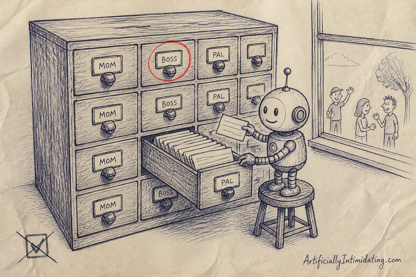 A card-catalog cabinet with drawers labeled MOM, BOSS and PAL, the BOSS drawer circled in red, and a small robot filing index cards while unaware people wave outside the window. A card-catalog cabinet with drawers labeled MOM, BOSS and PAL, the BOSS drawer circled in red, and a small robot filing index cards while unaware people wave outside the window.