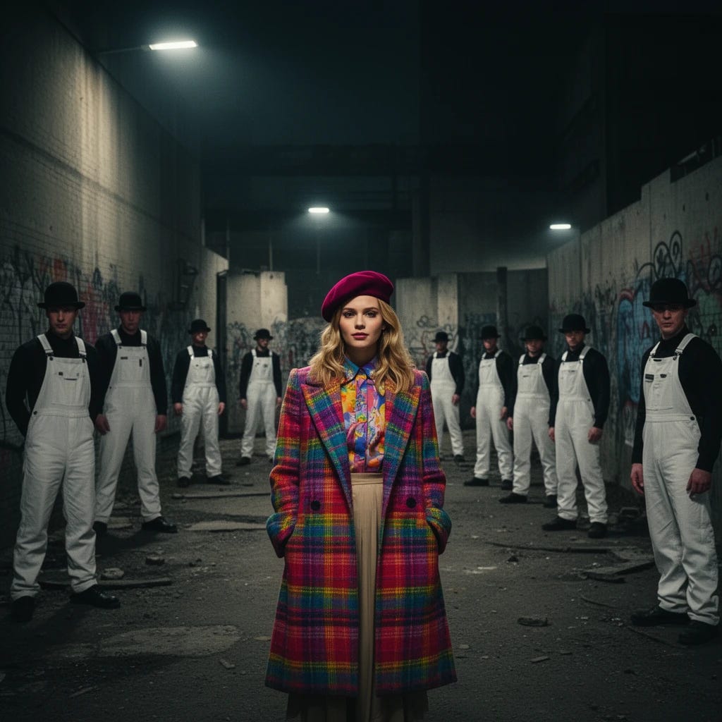 Emily from Emily in Paris inserted into the characters of the plot from A Clockwork Orange