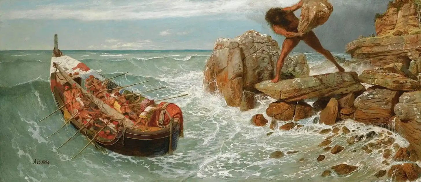 Odysseus and Polyphemus, painted by Arnold Böcklin (1896) Odysseus and Polyphemus, painted by Arnold Böcklin (1896)