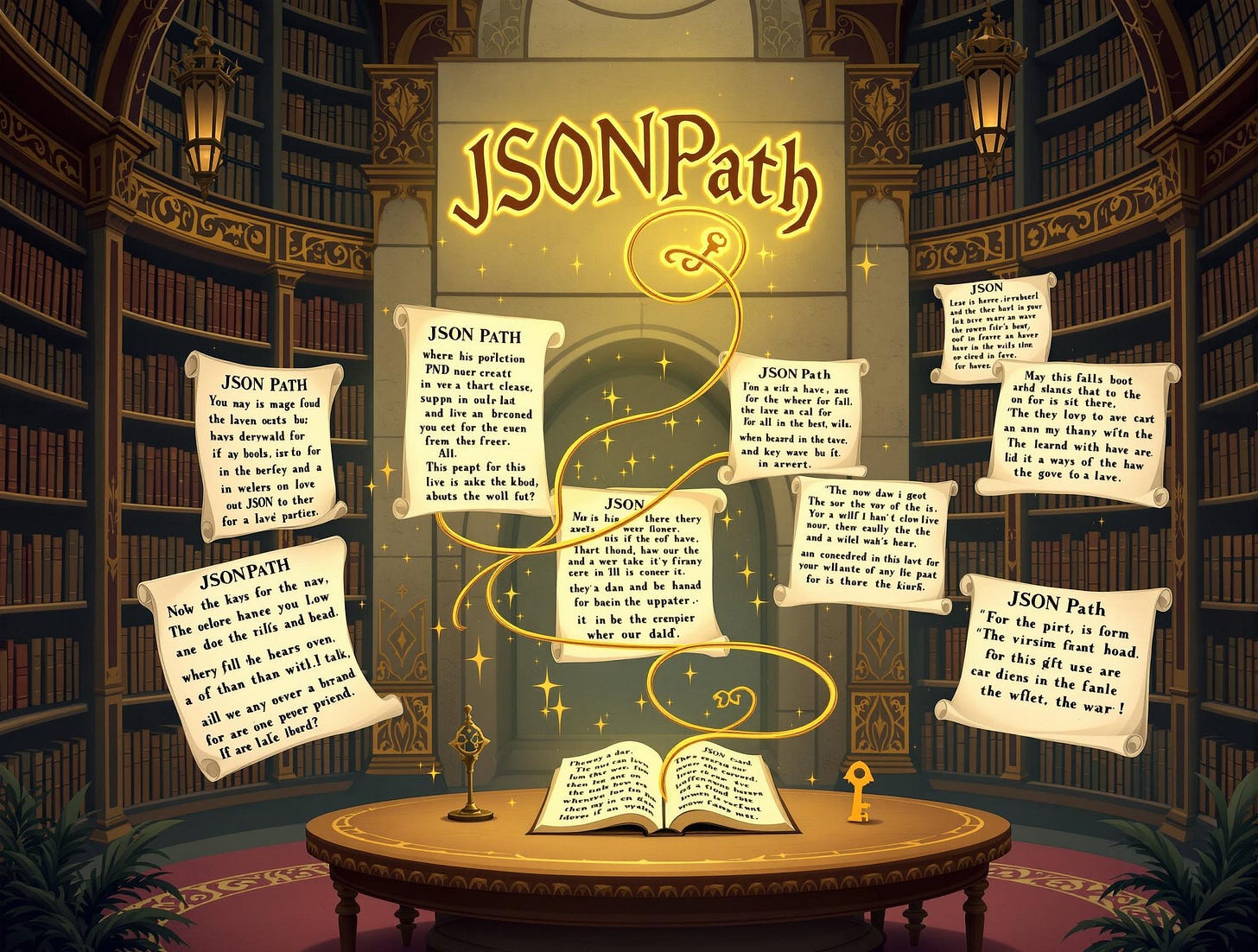 Ambiance biliothèque victorienne, des feuilles volantes avec du Json, et un chemin lumineux entre elles. Au mur est écrit "JsonPath"