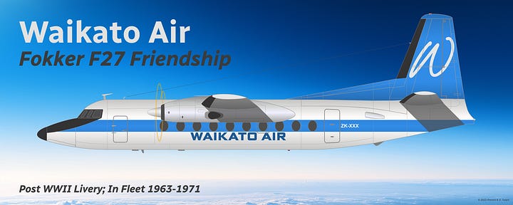 The two flagship aircraft for NZ Express Airways, displaying their liveries before and after the 1971 merger: (top) Hawker Siddeley HS 748 in livery of South Island Airways (L) and NZ Express (R); and (bottom) Fokker F27 Friendship in livery of Waikato Air (L) and NZ Express (R) - all shown in side view while in midflight.